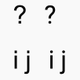 Question mark and lower-case "i" and "j" in Arial (left) and Roboto.